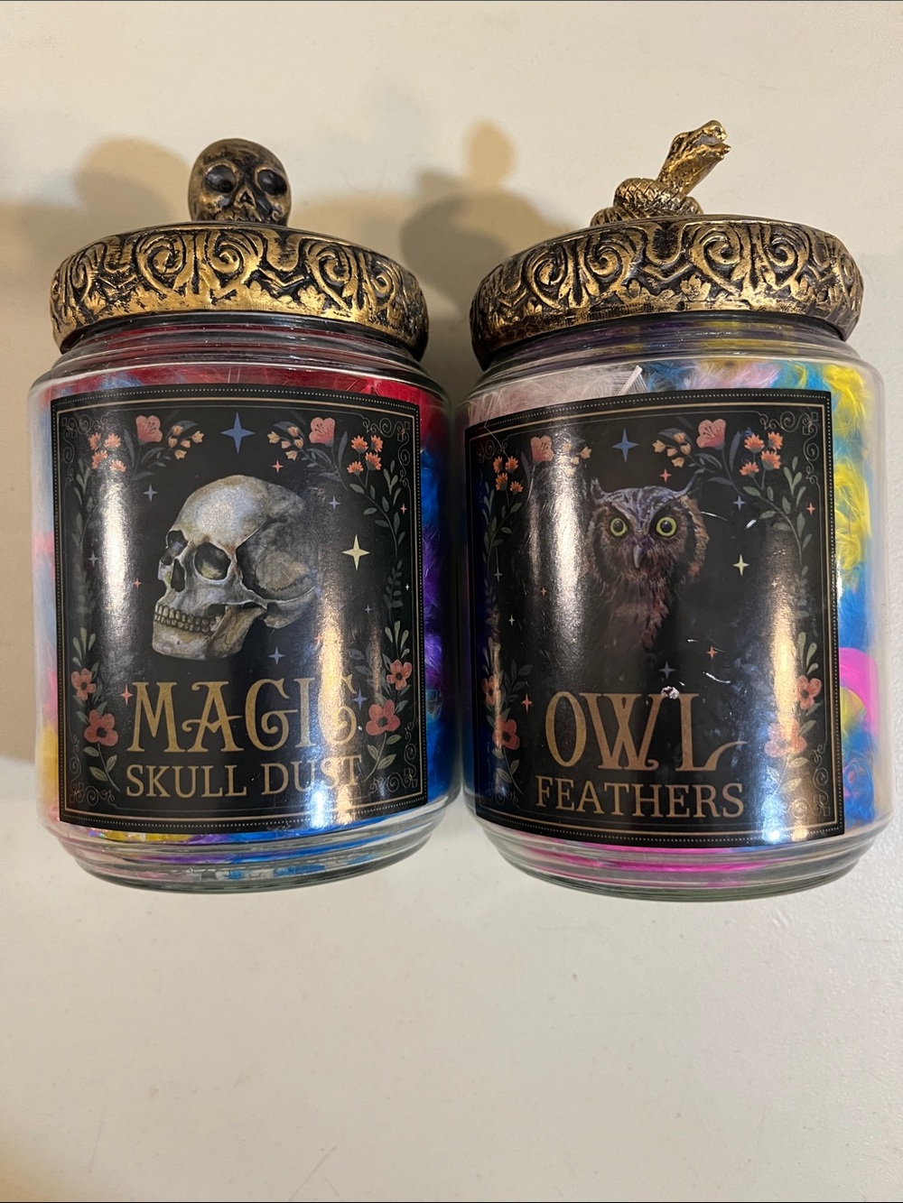 Magic Skull Dust & Owl Feathers Decorative Jars - Gold Accent Lids